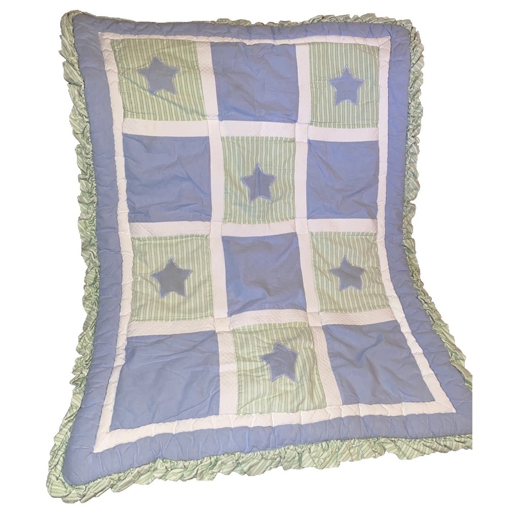 Kidsline Baby Quilt Blanket Blue Stars Green Stripes Patchwork Comforter Ruffle